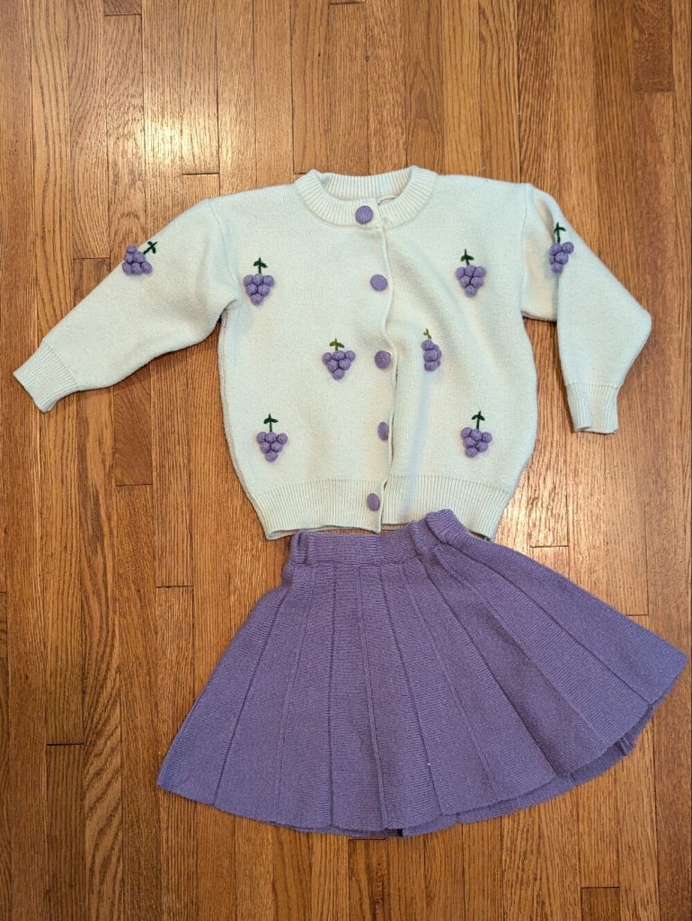 Kids Lavender Knit Sweater And Skirt Set With Grape Applique - Unbranded